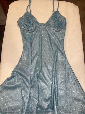 Sparkle Light Blue Mini Dress with Delicate adjustable Spaghetti Straps